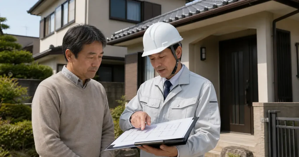 解体前の住宅で調査書類を確認する施主と石綿調査者