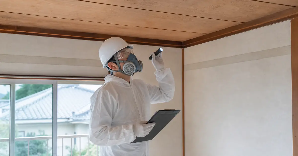 解体前の住宅で建材と図面を確認する石綿調査者