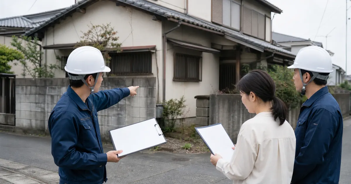 解体前の住宅で同じ工事範囲を確認する施主と業者