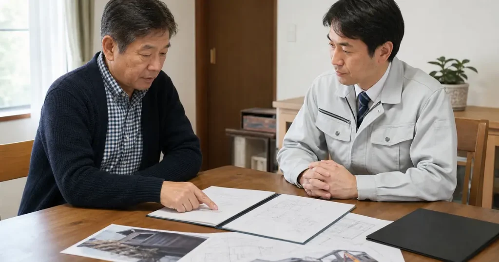 解体工事の契約書を確認する施主と業者