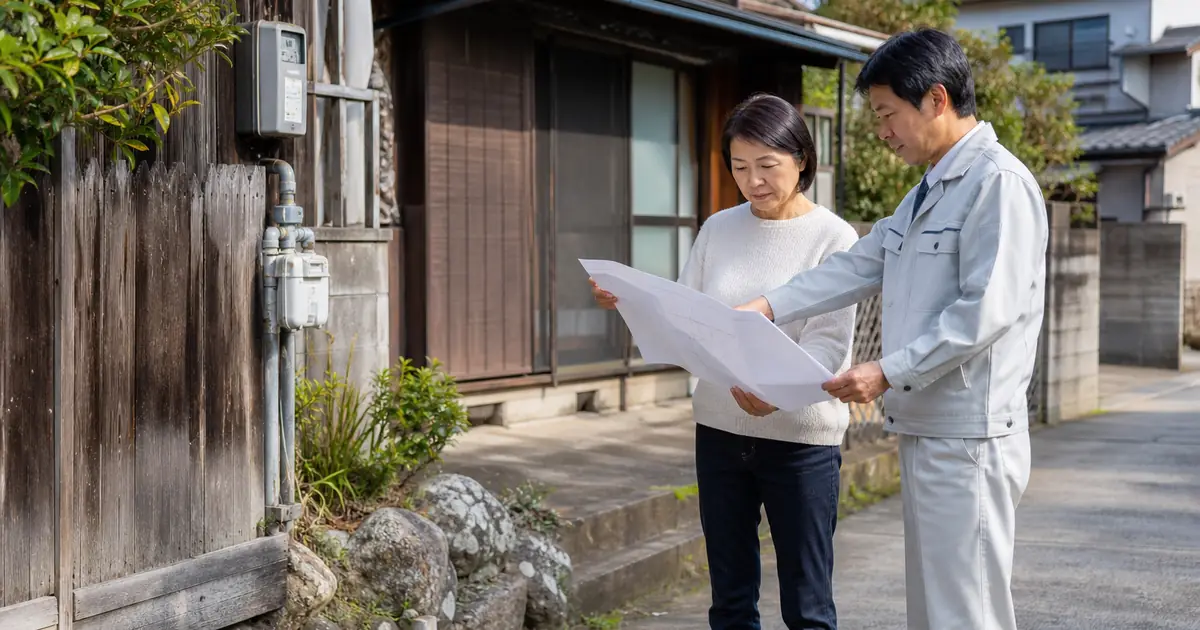 解体前に住宅の境界と撤去範囲を確認する施主と業者