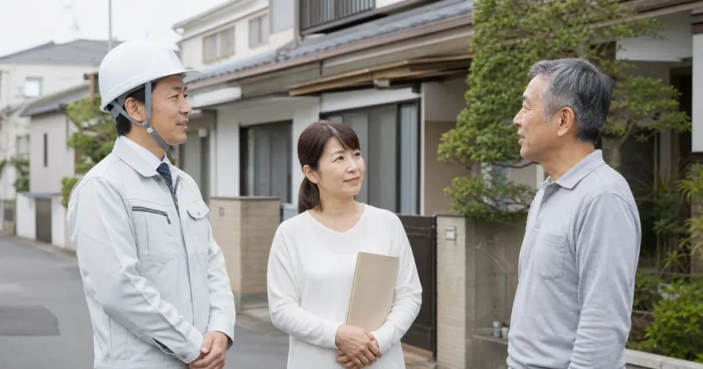解体工事前に近隣へ挨拶する施主と元請業者