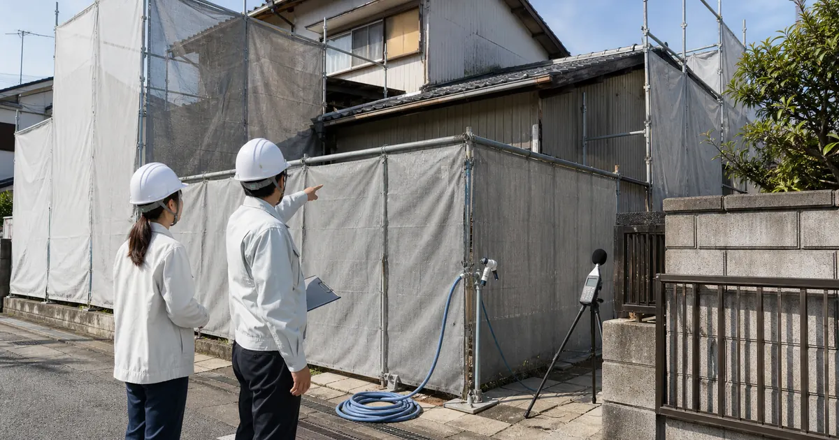 住宅解体前に養生と騒音振動対策を確認する担当者