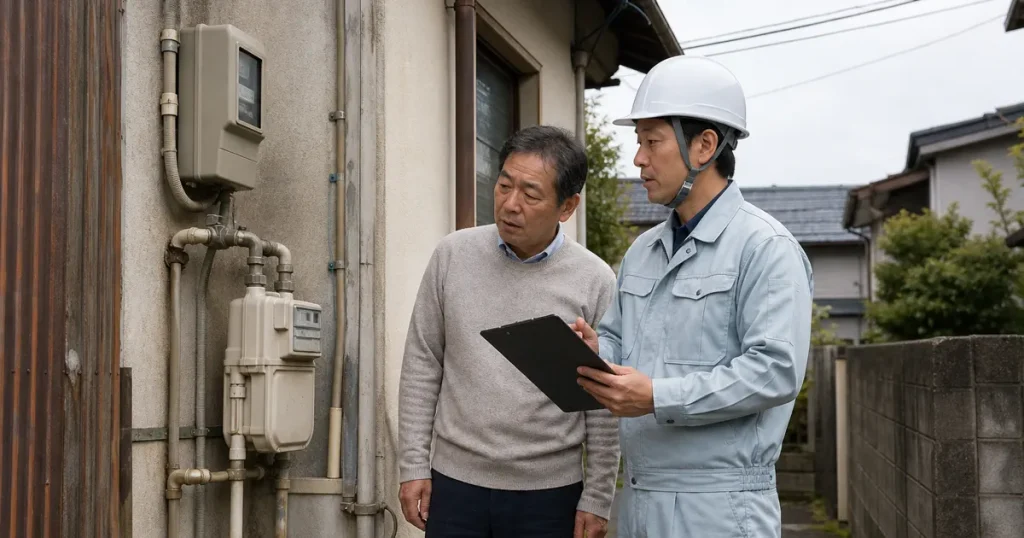 解体前の住宅で電気ガス水道通信設備を確認する担当者
