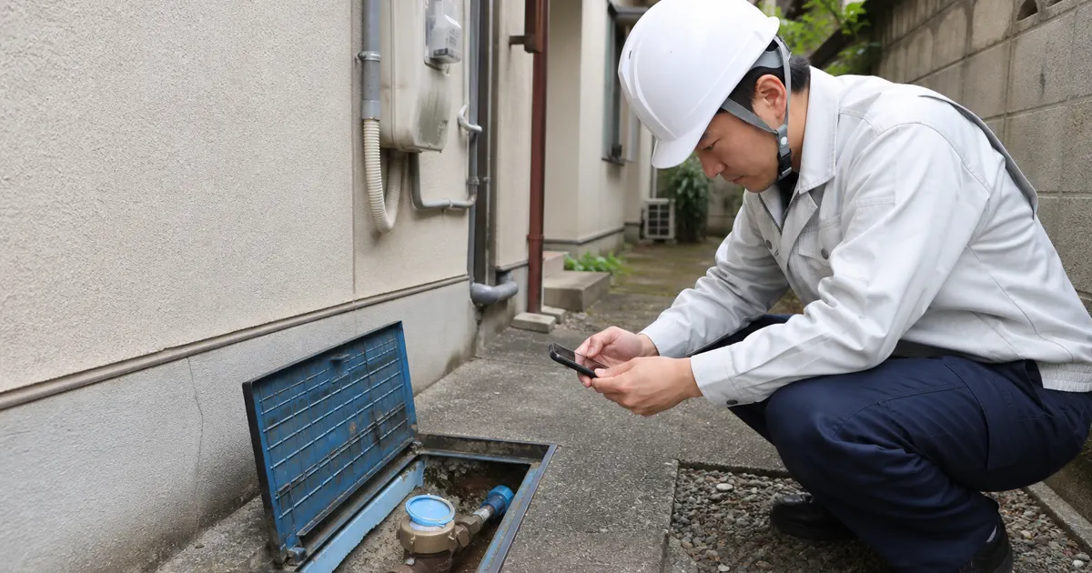 解体前に電気メーターと水道メーターボックスを点検する担当者