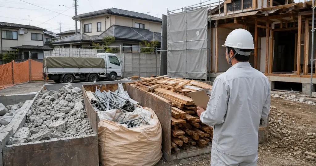 分別された木材やコンクリートを確認する解体現場の作業員