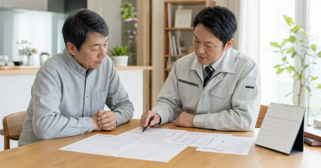 解体工事の届出書類を確認する施主と業者