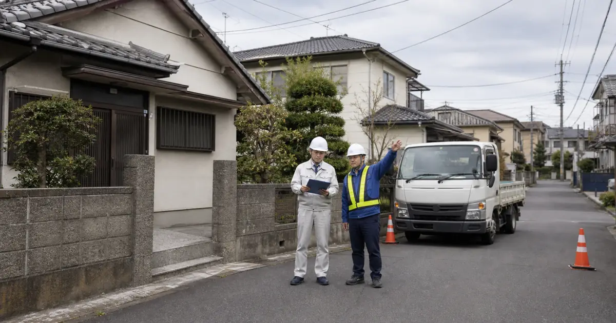 解体前の住宅前で道路使用と交通誘導を確認する業者